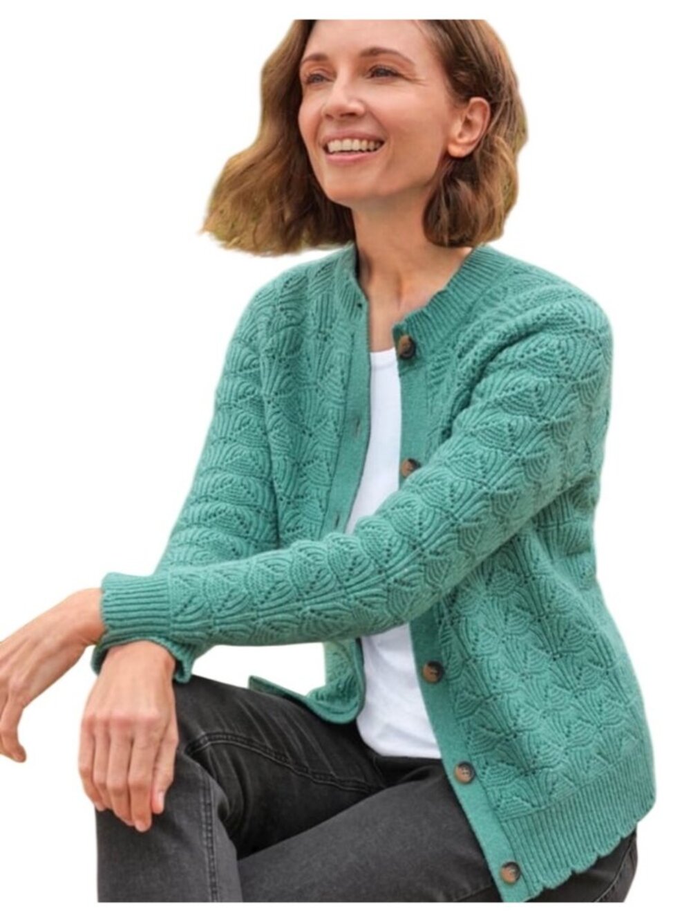 WoolOvers Teal Pointelle Knit Cardigan Sweater Button-Front Long Sleeve Medium
